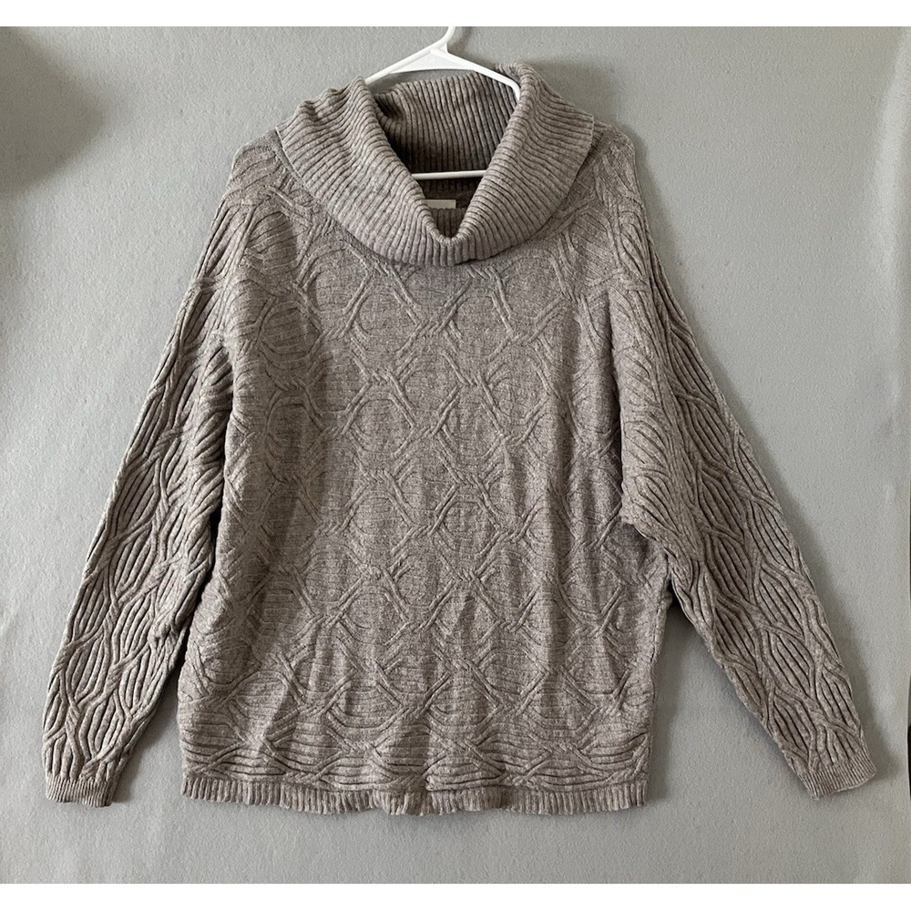 Cyrus Cowl Neck Sweater Gray  Cable Knit Pullover Women's (L) Fisherman Style